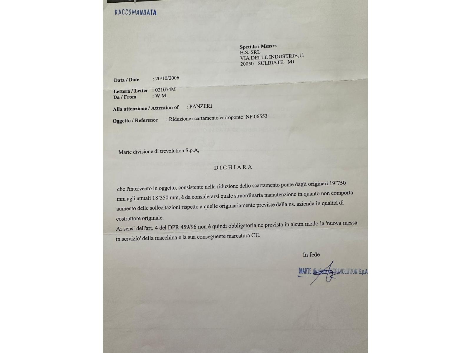 CARROPONTE BITRAVE MARTE 8 TON SCARTAMENTO 18350  MM ANNO 2000