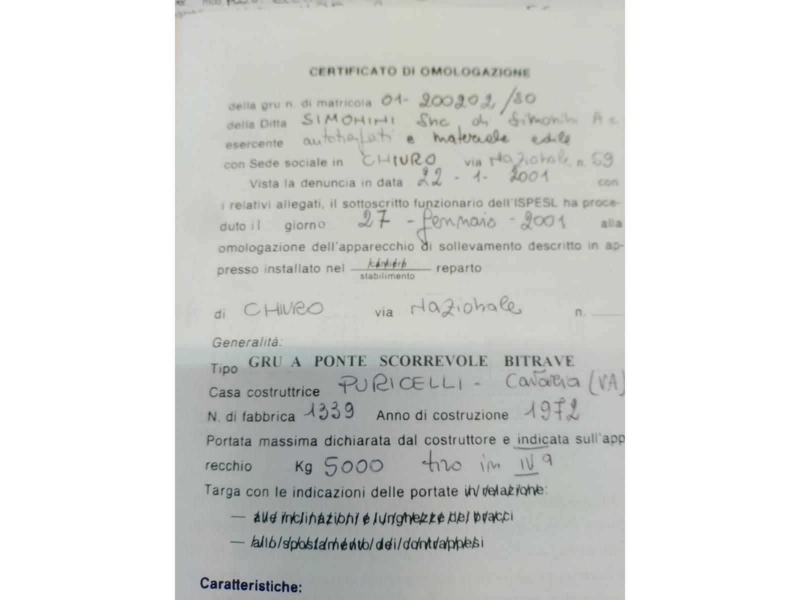 CARROPONTE PURICELLI BITRAVE 5 TON SCARTAMENTO 19300 MM