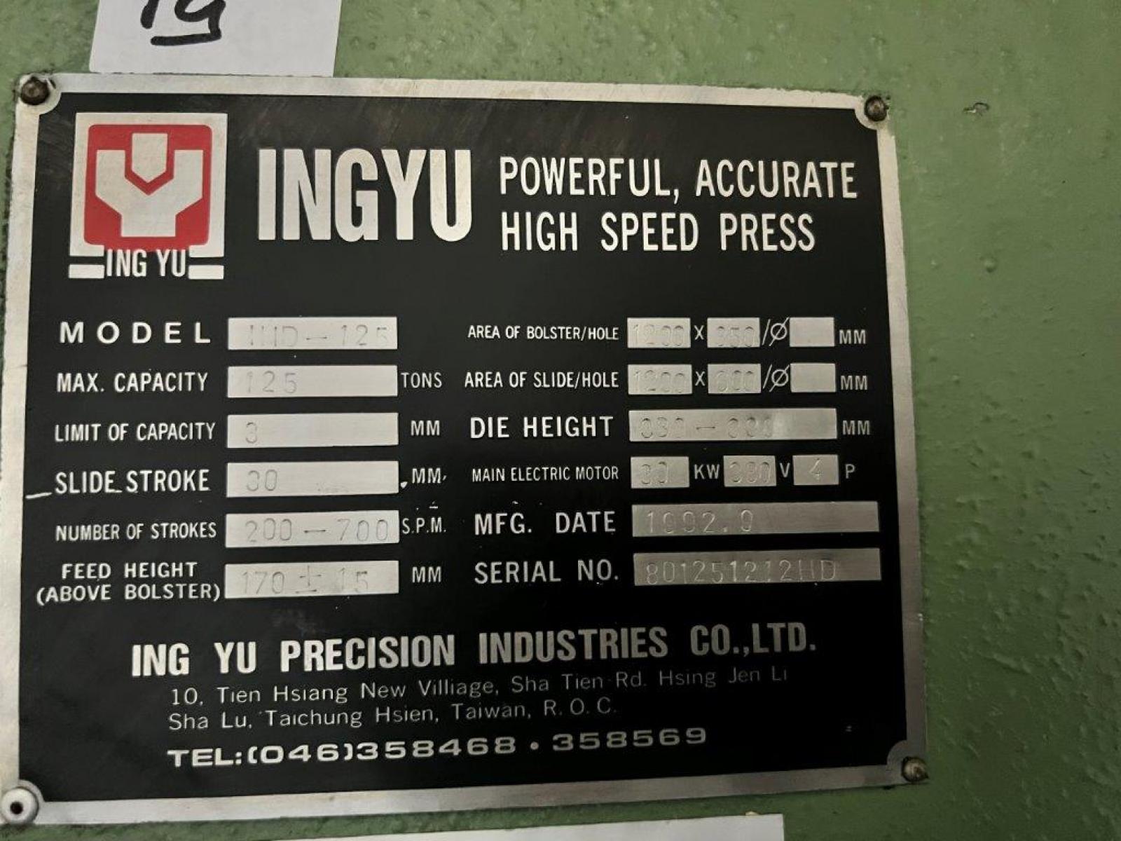 Pressa eccentrica meccanica INGYU, Mod. HID-125T, piano dim. 1200 x 850 mm, serie n. 801251212HD, anno 92 - n. 1 consolle di com